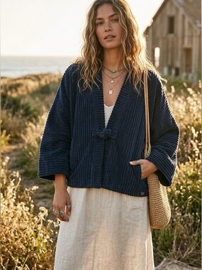 Navy Ribbed Oversized Navy Wide-Wale Corduroy Kimono Sweater Jacket